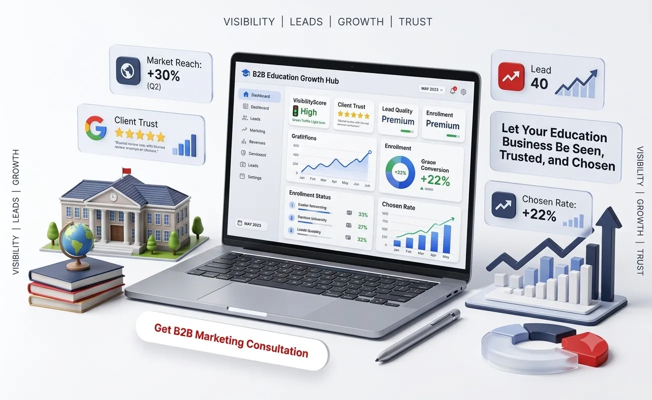 Marketing growth dashboard on a laptop with visibility, leads, and trust metrics