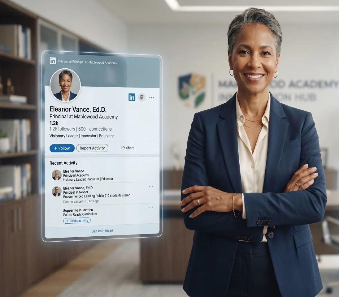 School principal with LinkedIn profile card showing personal brand presence