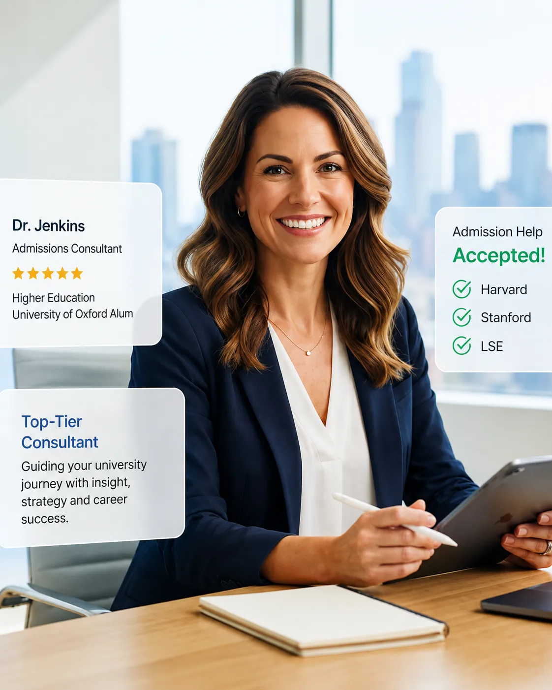 Educational consultant with client testimonial and admission badges