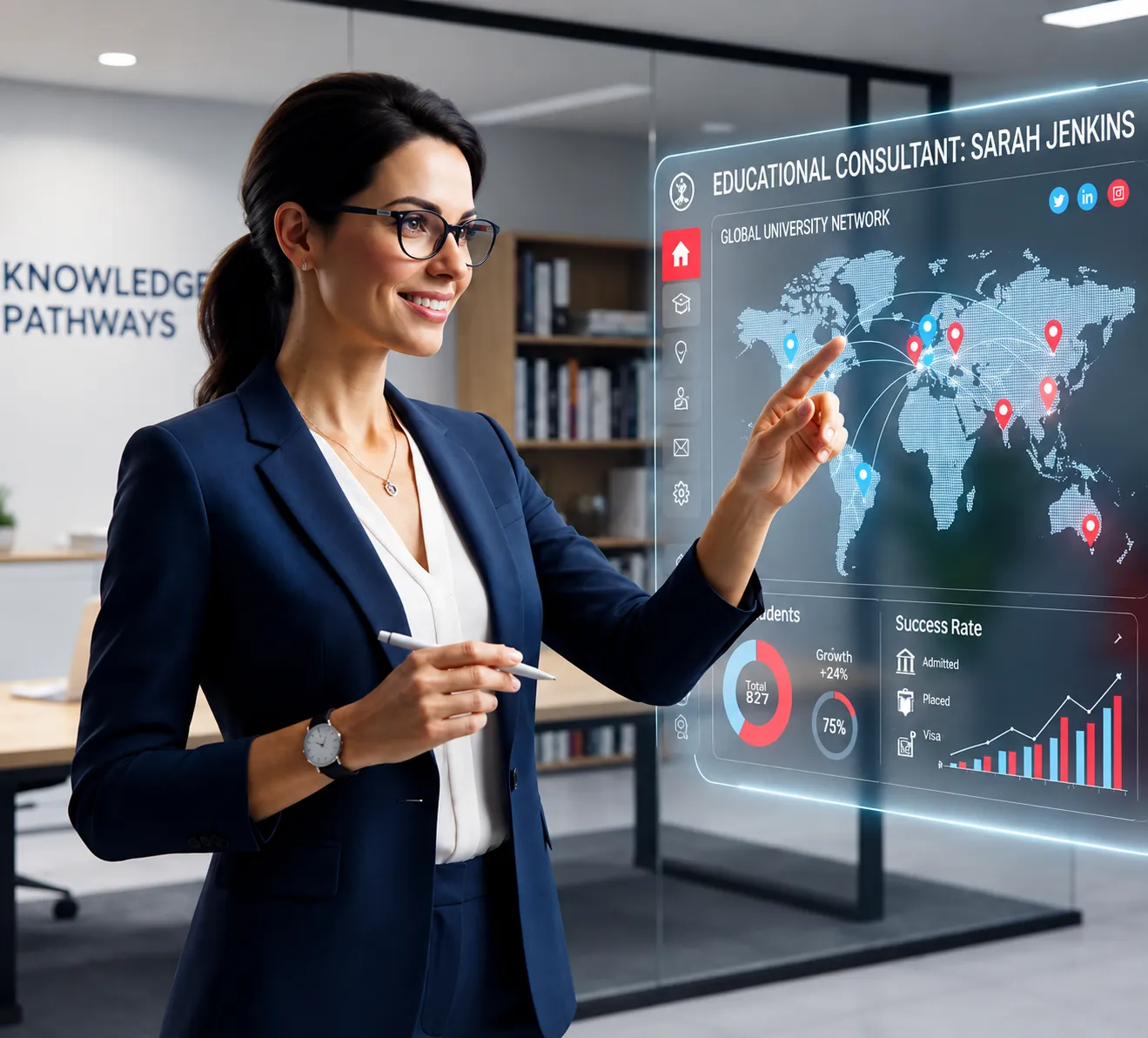 Educational consultant presenting a global university network dashboard