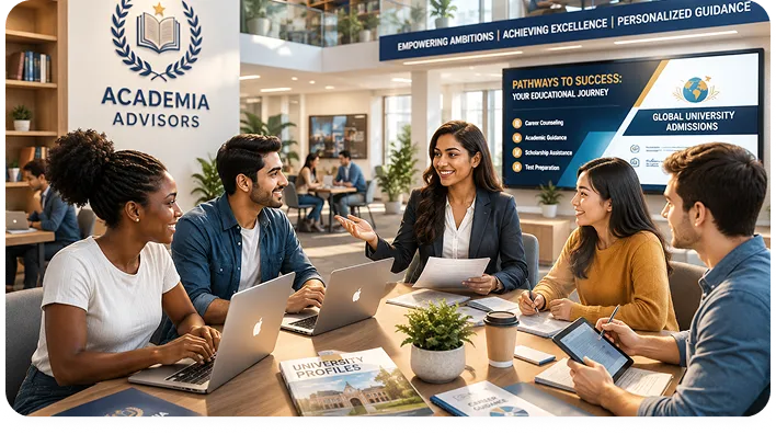 Academia Advisors team collaborating on educational consultancy branding