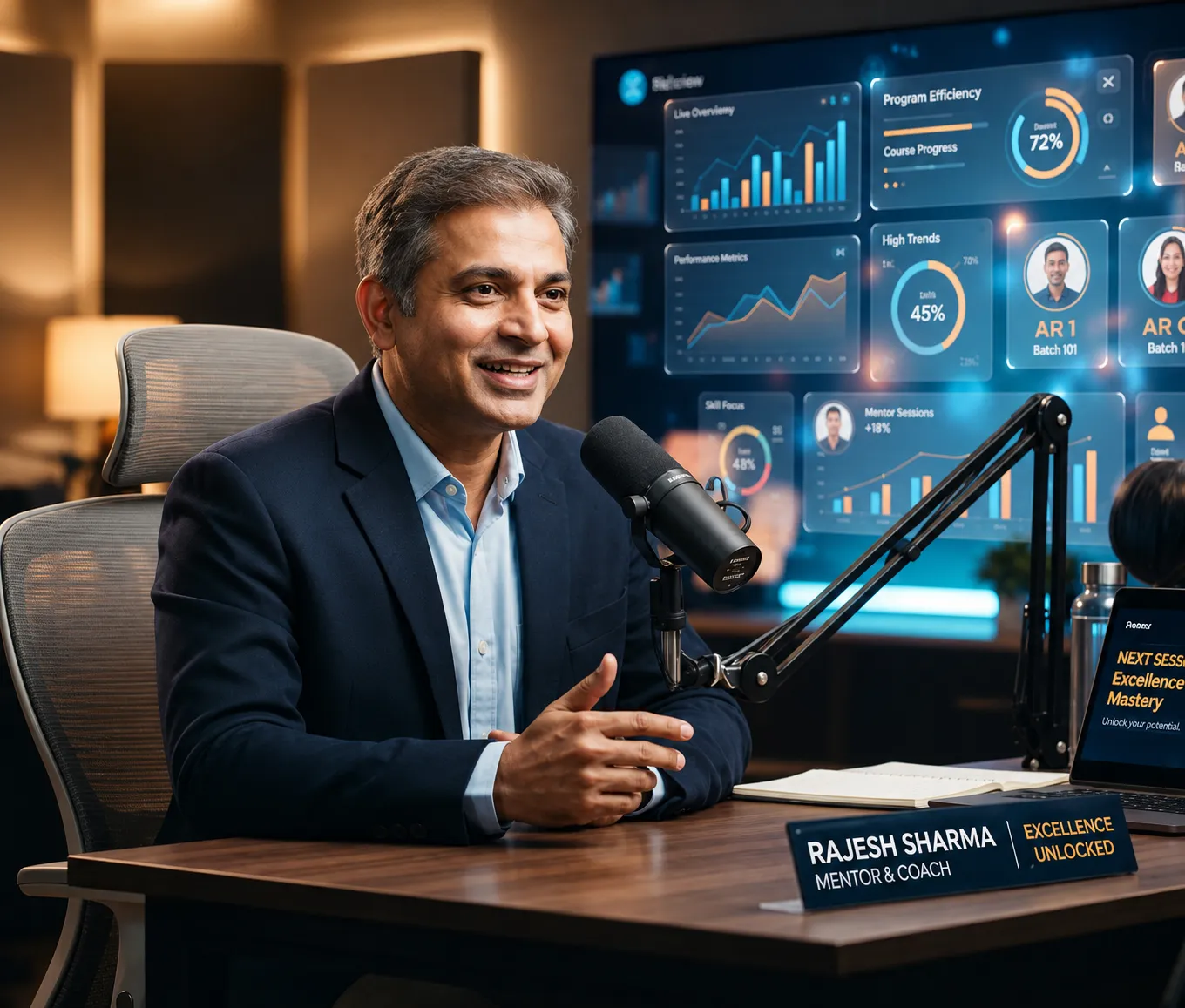 Mentor and coach speaking into a podcast microphone with performance dashboards displayed behind him