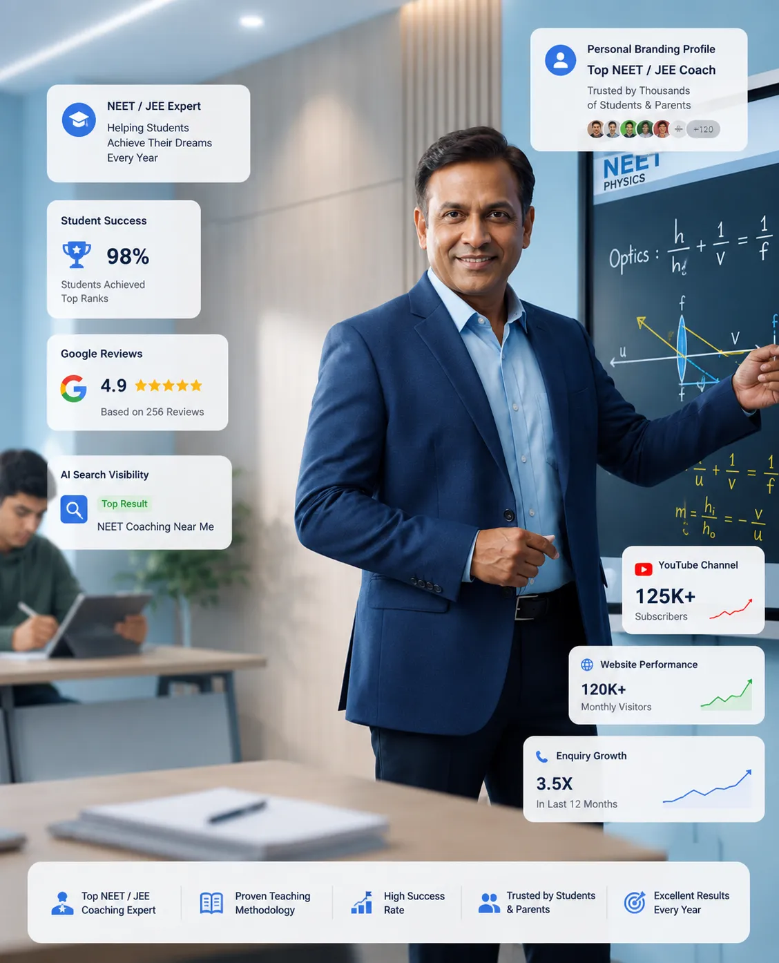NEET/JEE coach teaching with personal branding stats and social proof cards overlaid