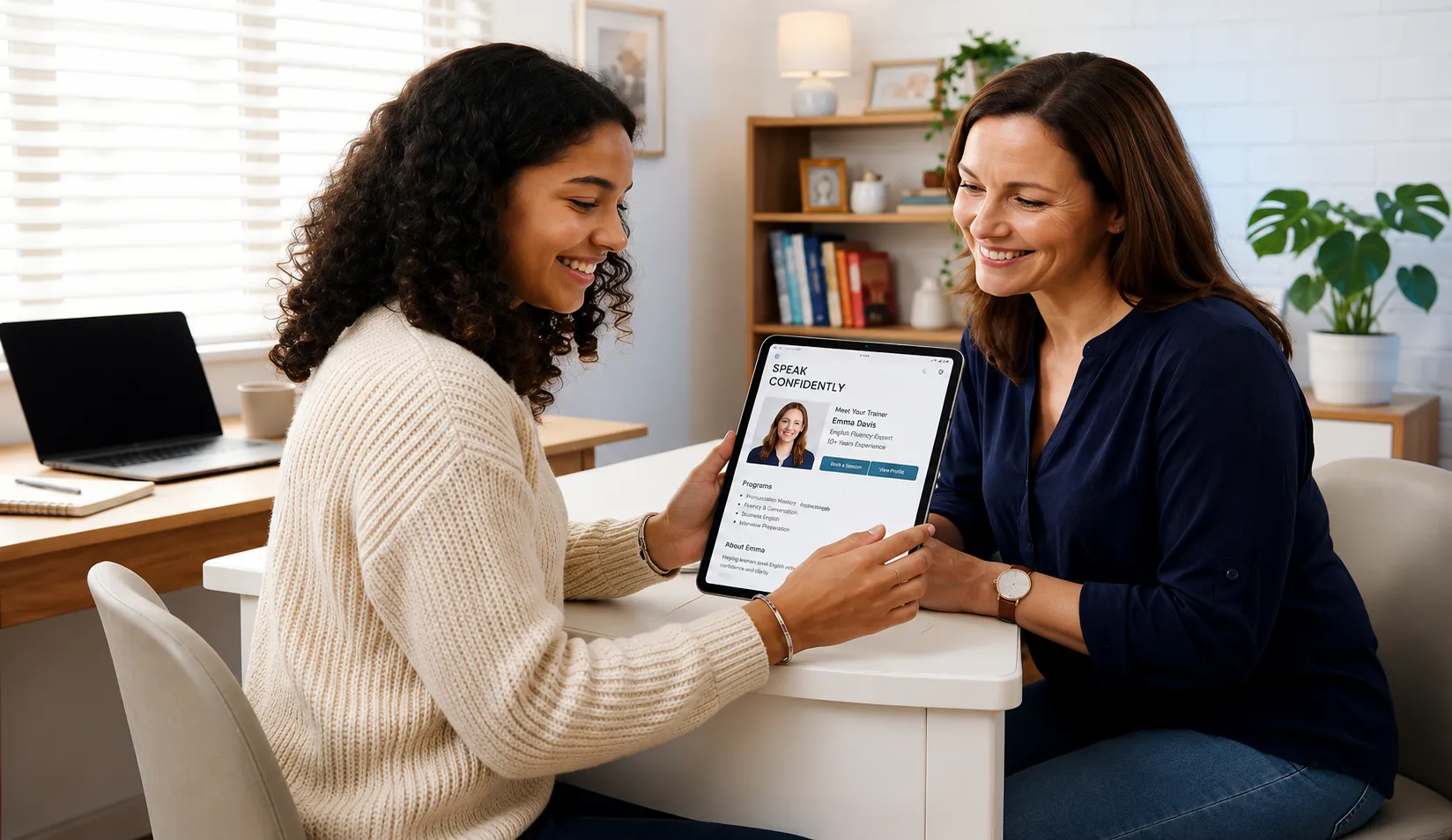 Two people reviewing a trainer profile together on a tablet