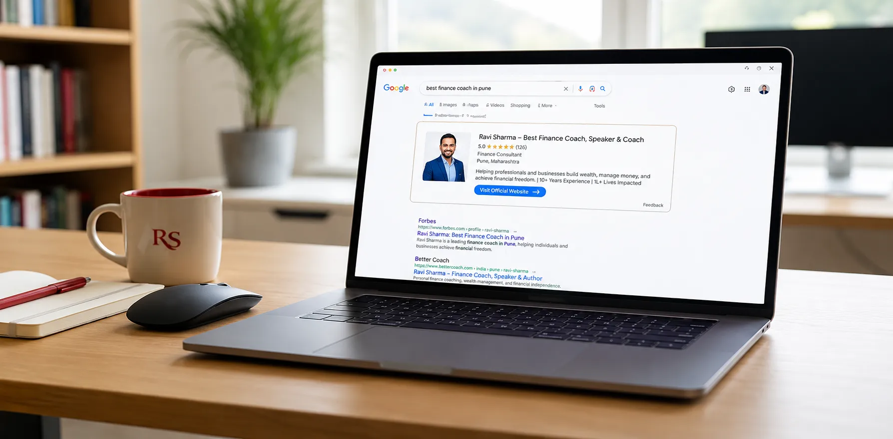 Laptop showing a search results page on a desk