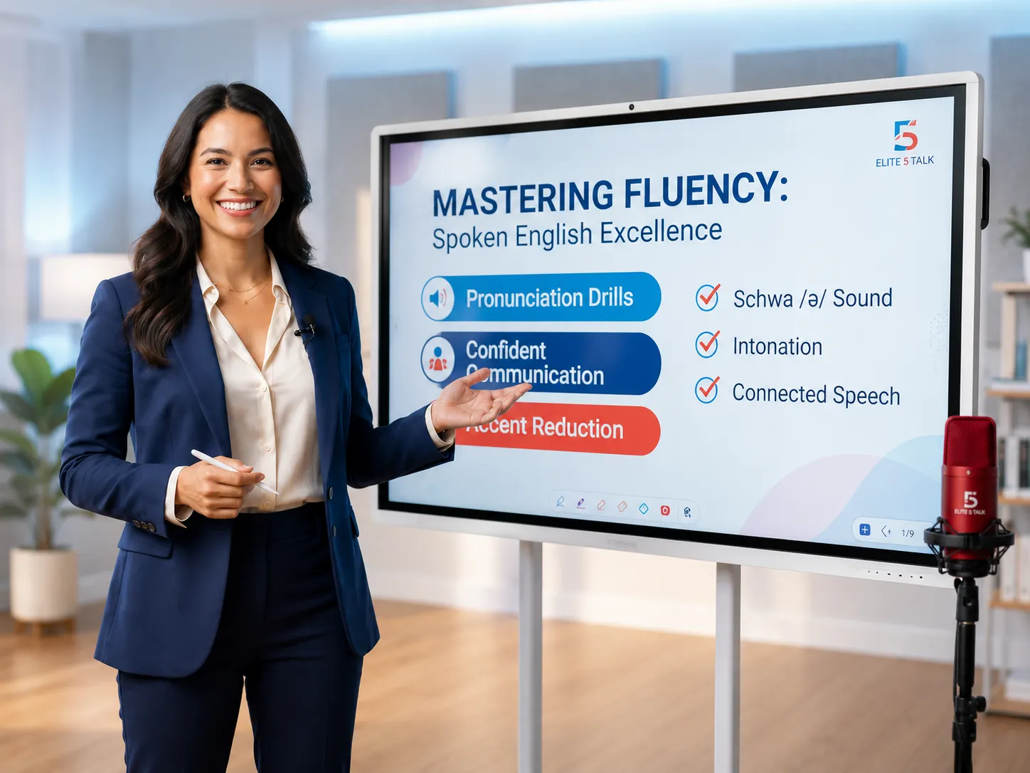 Spoken English trainer presenting a lesson on a touchscreen display