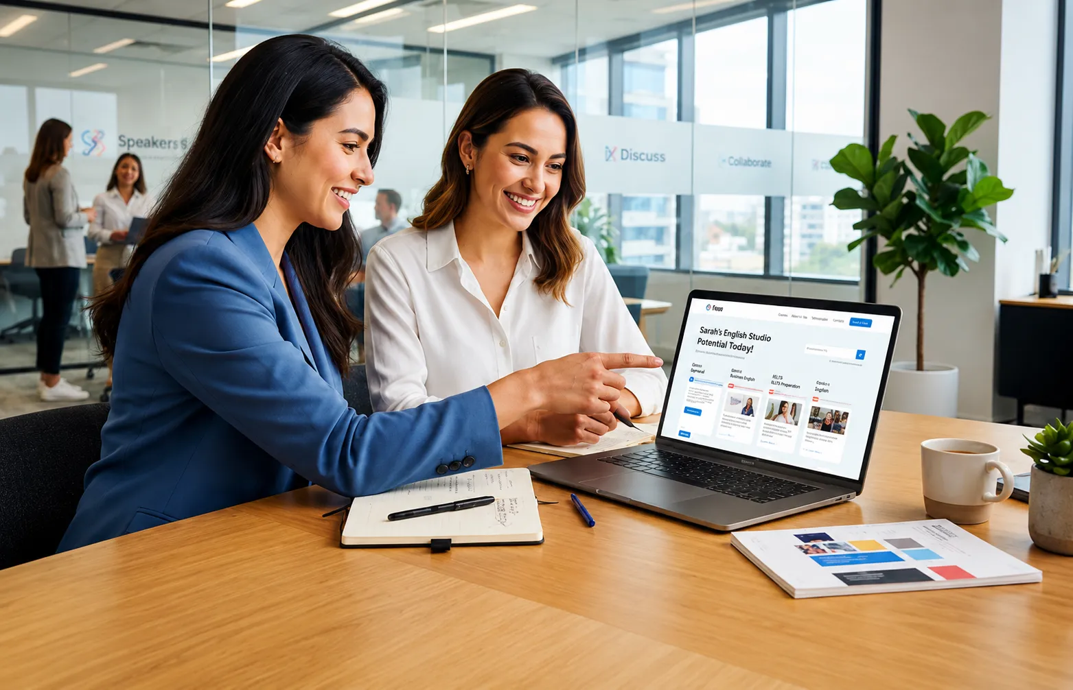 Two colleagues reviewing a personal branding dashboard on a laptop
