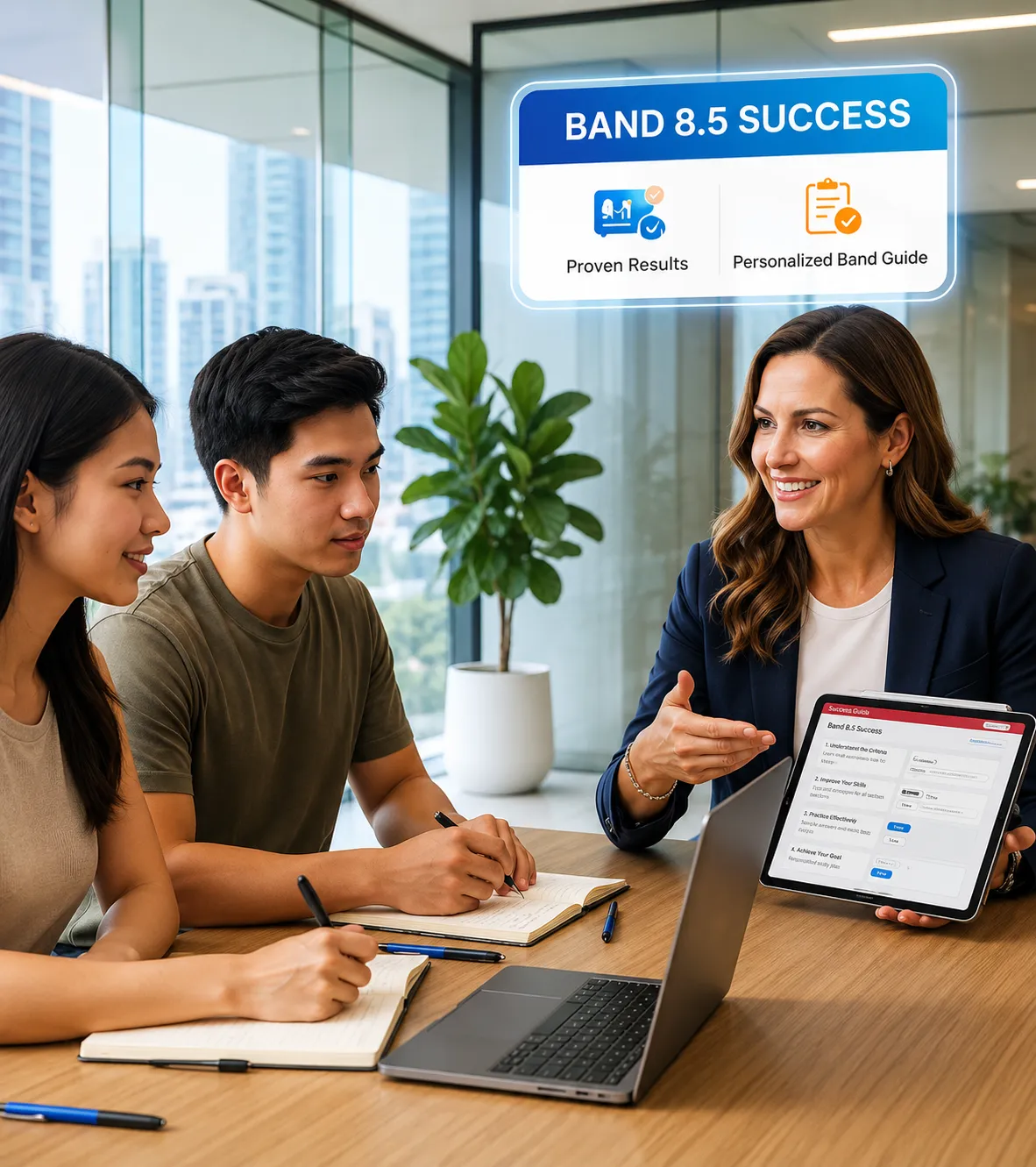 IELTS trainer working with two students at a table