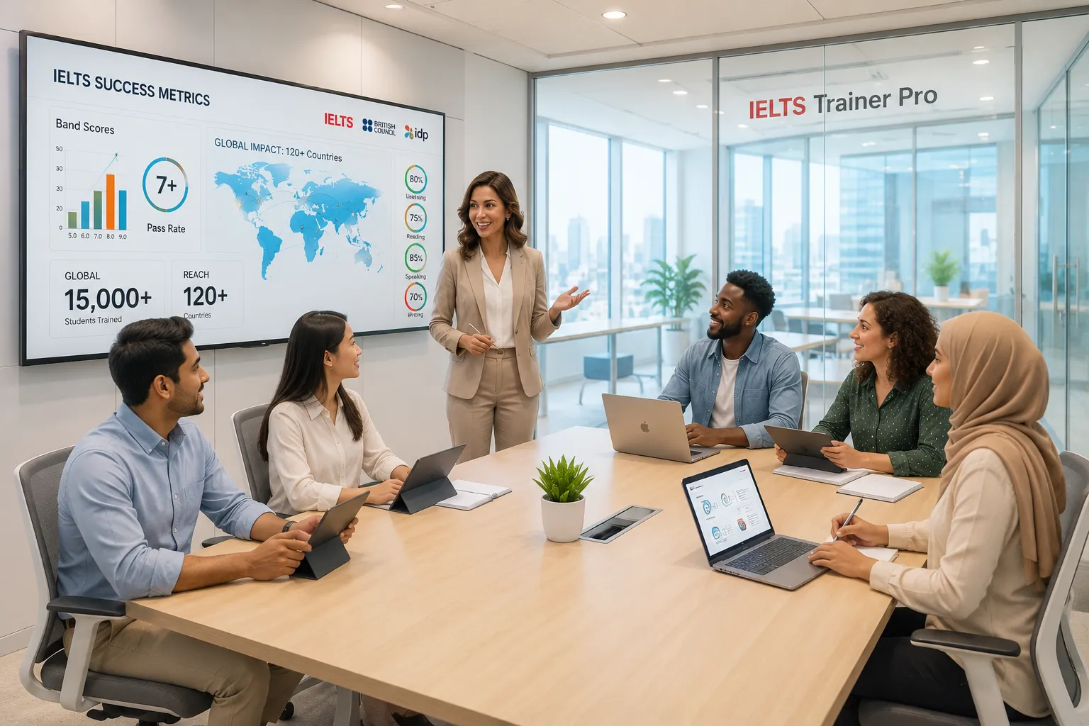 Trainer mentoring a group of future IELTS trainers in a meeting room