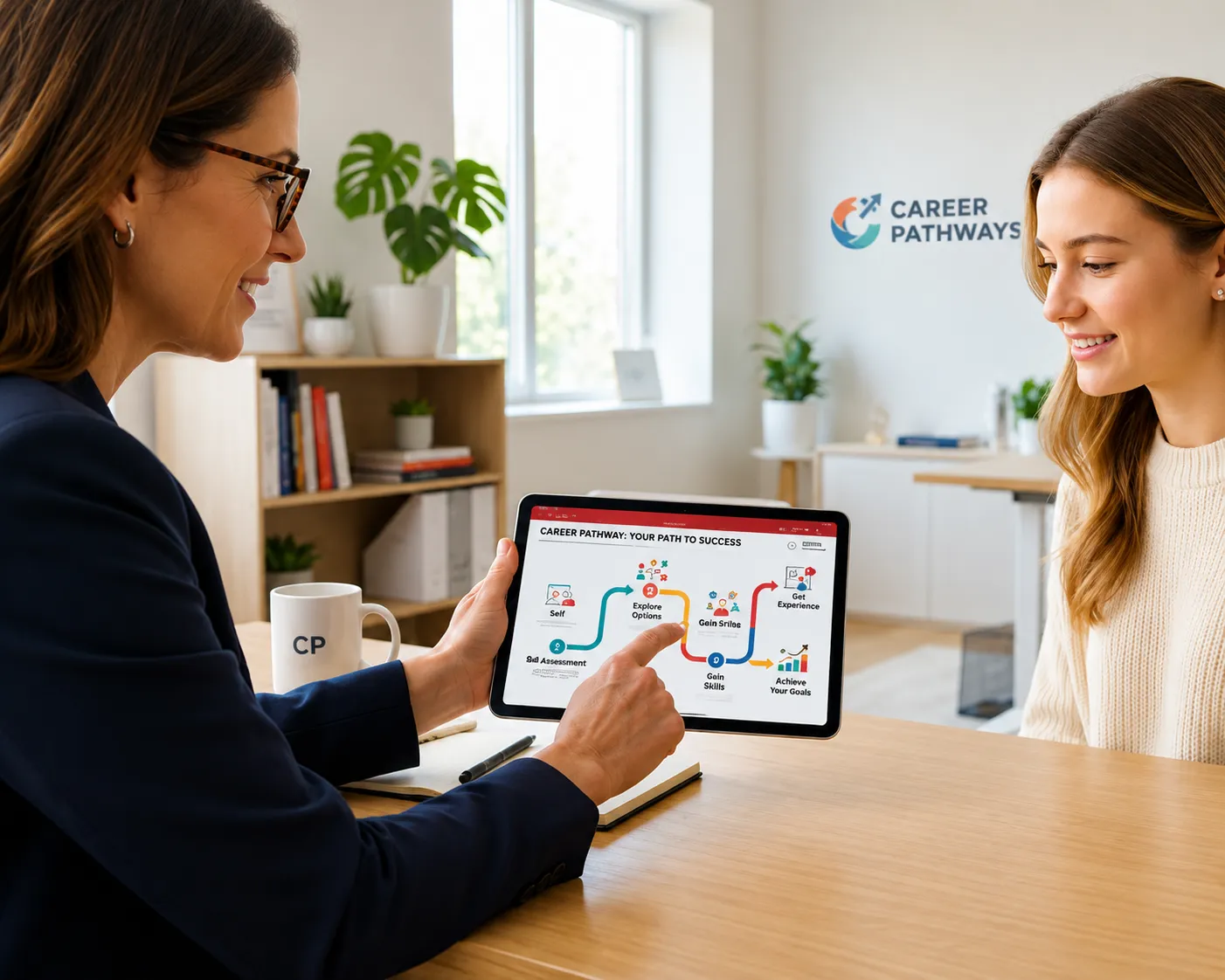 Career counselor showing a client a career pathways roadmap on a tablet