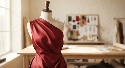 Red silk dress draped on a mannequin in a design studio