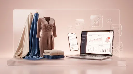 Textile products alongside a laptop and phone displaying growth analytics