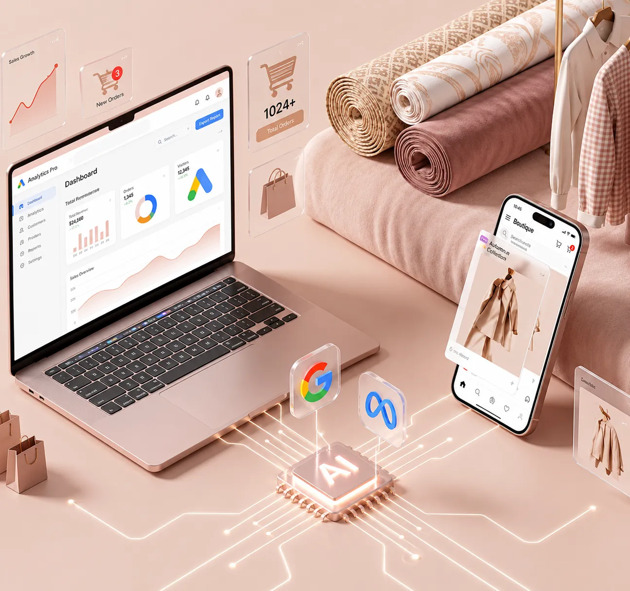 Textile business dashboard on a laptop and phone with Google and Meta ad performance stats overlaid on fabric rolls