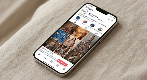 Instagram feed on a phone showing textile product photos