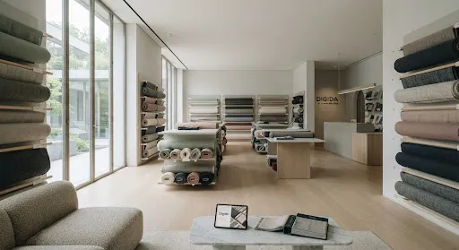 Textile showroom interior with fabric rolls displayed