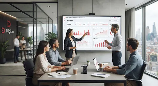 Digida marketing team presenting campaign performance data to a textile client in a meeting room