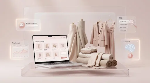 Laptop displaying a textile online store next to folded fabrics and garments