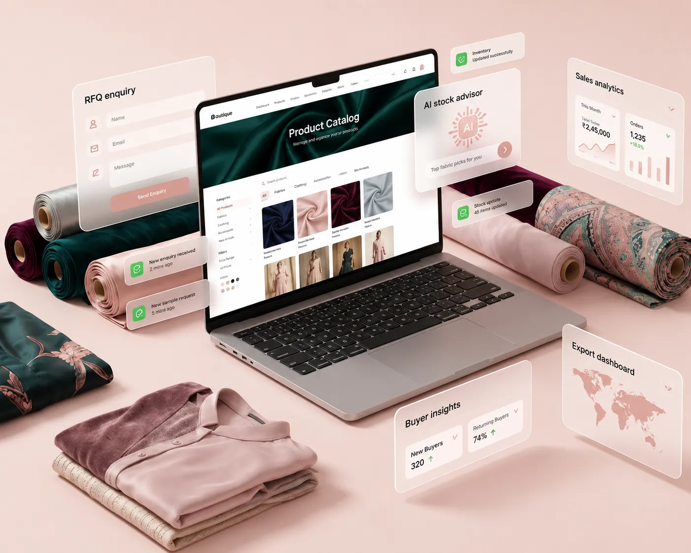 Laptop showing a textile e-commerce website surrounded by fabric rolls and UI dashboards