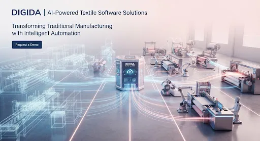 Futuristic textile factory floor with digital automation overlays