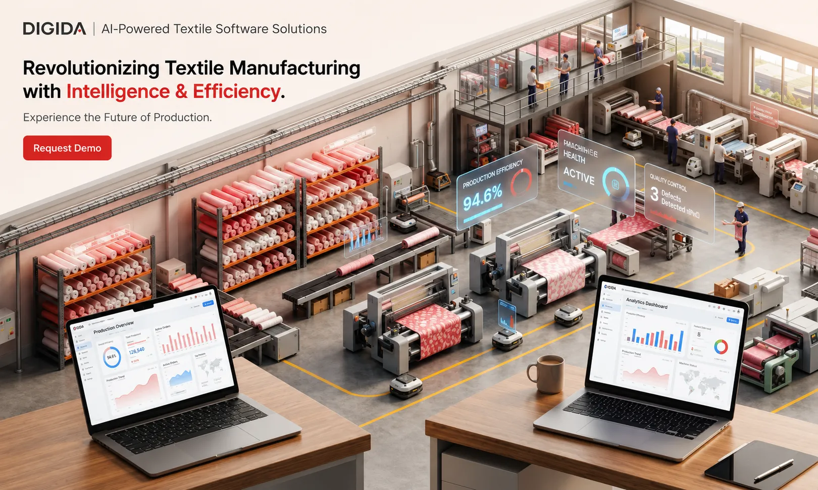 Isometric illustration of a smart textile factory with dashboards on laptops