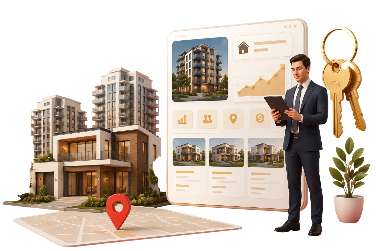 Real estate agent with property listings