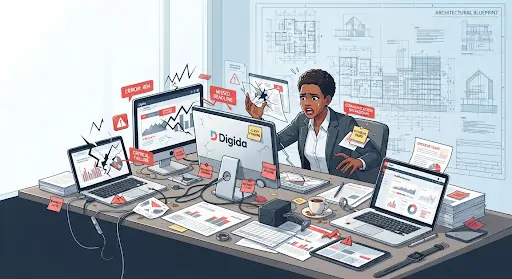 Overwhelmed agent with cluttered desk