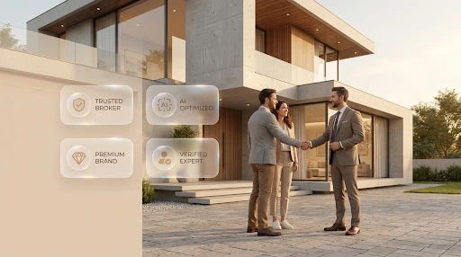 Real estate brokers shaking hands in front of a modern property