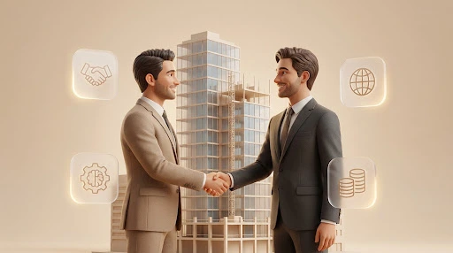 Business partners shaking hands in front of a development
