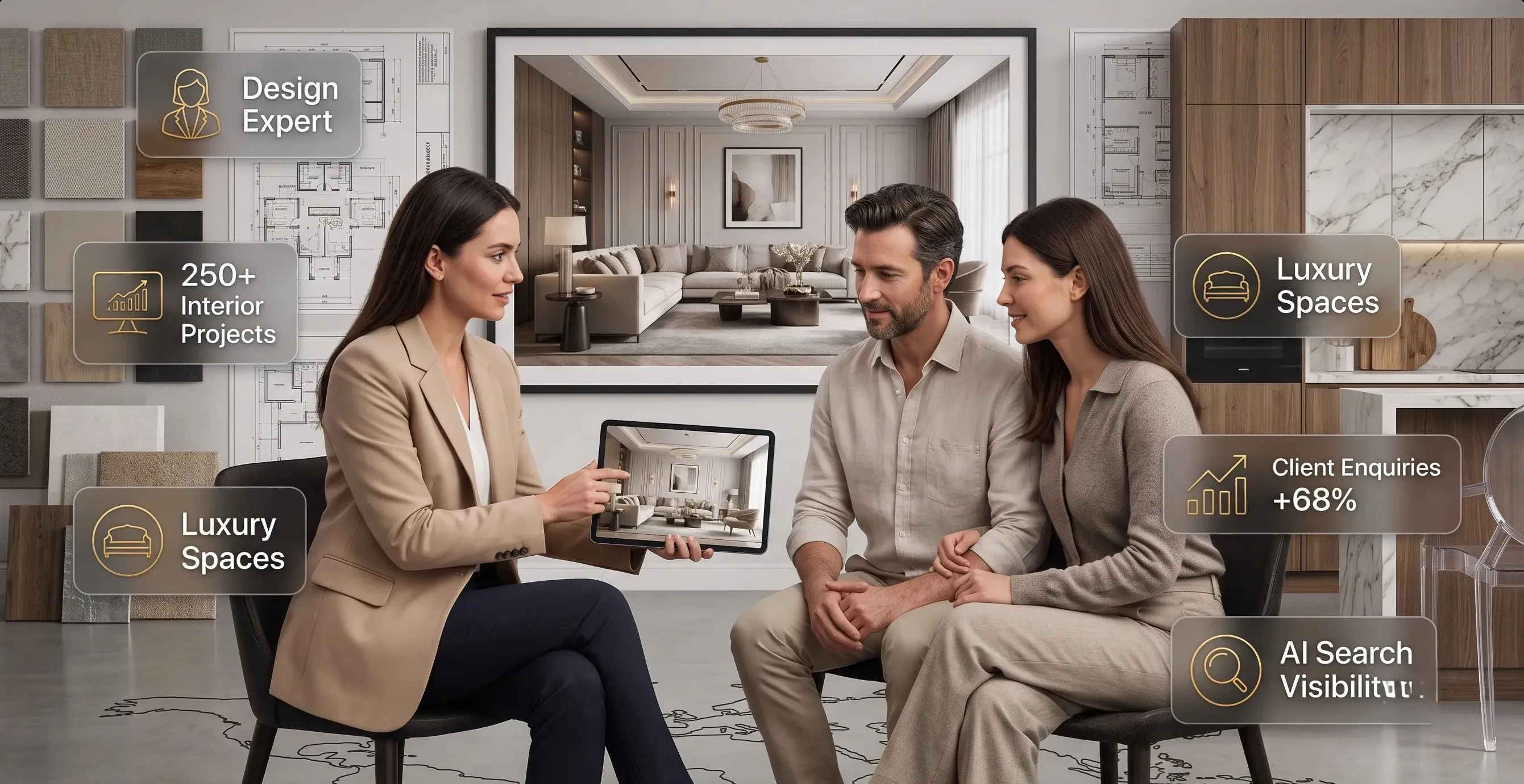 Interior designer presenting a project to clients