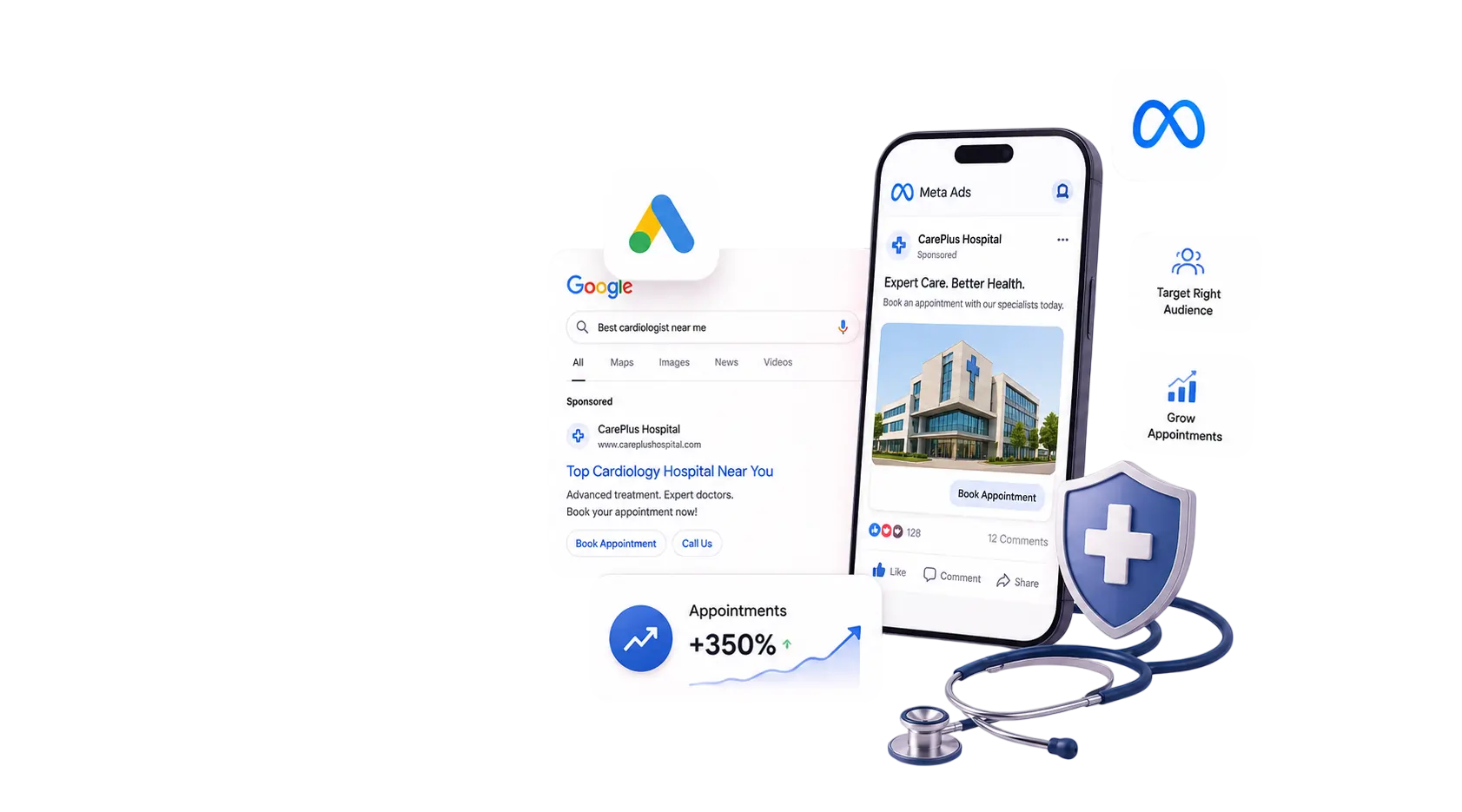 Google Search Ads and Meta Social Ad feeds simulated tracking on smartphone layout with stethoscope