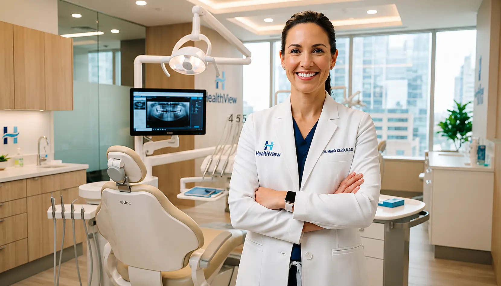Dentist standing confidently in a modern dental clinic