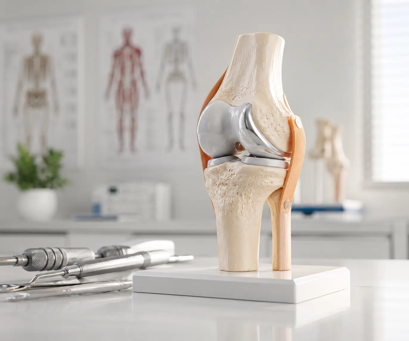 Orthopedic knee replacement model on a clinic desk