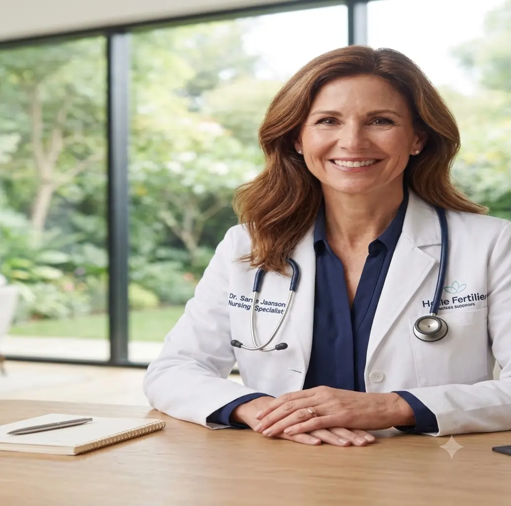Fertility specialist doctor smiling at desk