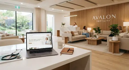 Fertility clinic workspace with laptop showing doctor's website