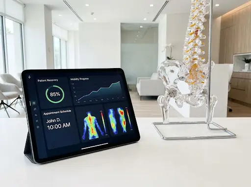 Tablet showing physiotherapy patient recovery analytics dashboard