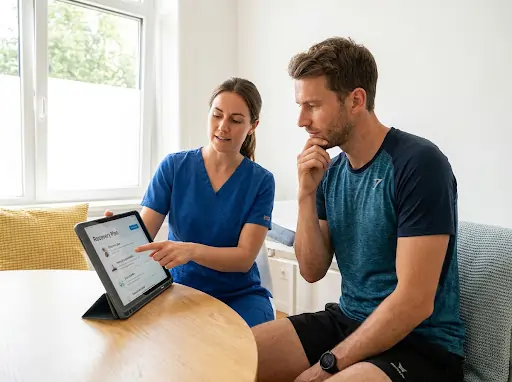 Physiotherapist reviewing a patient's recovery plan on a tablet