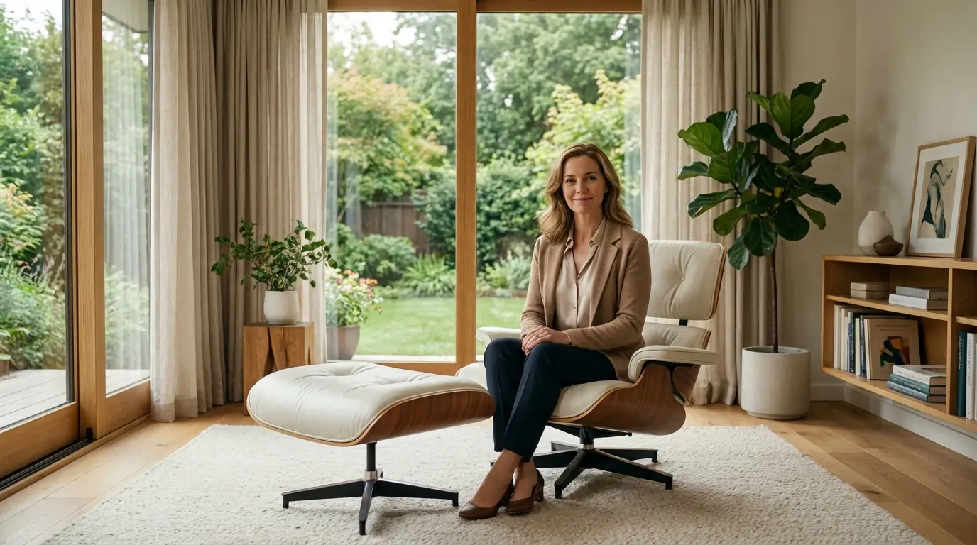 Psychologist sitting in a calm, plant-filled therapy office