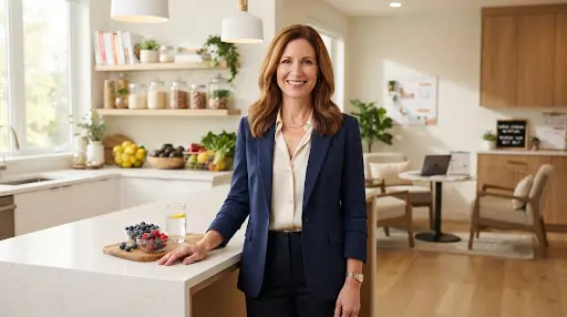 Nutritionist smiling in a modern kitchen