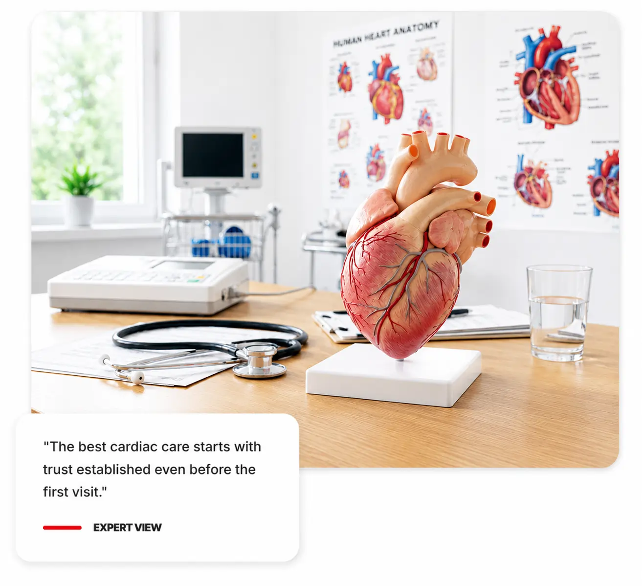 Anatomical heart model on a cardiology clinic desk