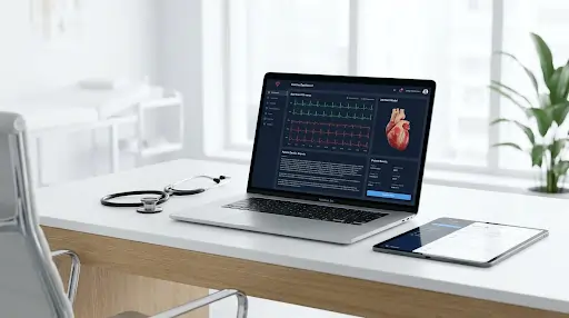 Dermatology clinic desk with diagnostic laptop