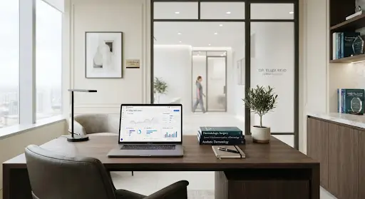 Dermatology clinic desk with analytics dashboard on a laptop
