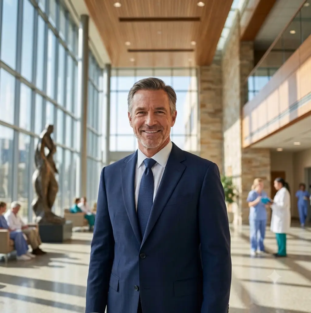 Hospital director standing confidently in a modern hospital lobby
