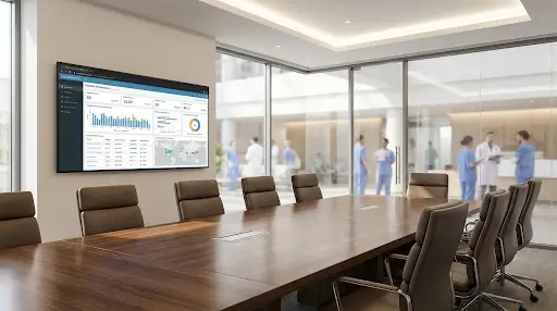 Hospital boardroom with analytics dashboard