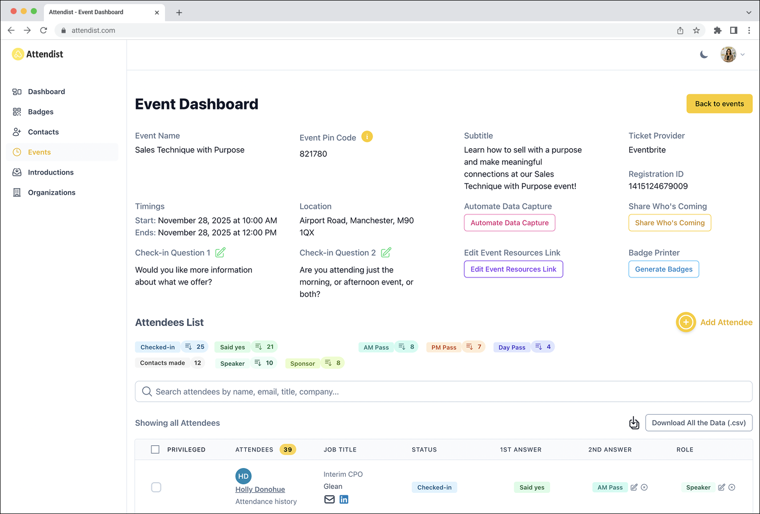 Image of Attendist Dashboard
