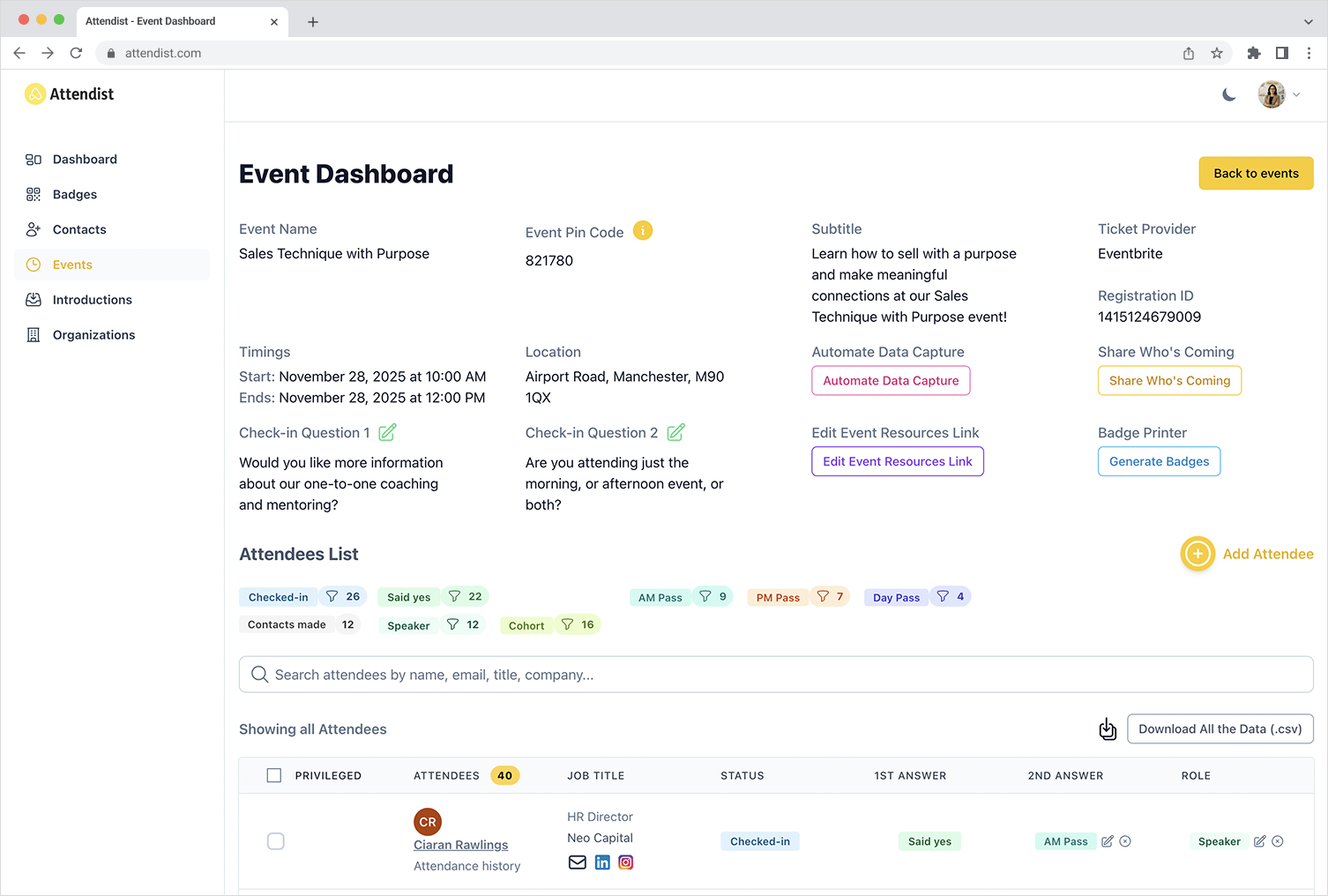 Image of Attendist Dashboard