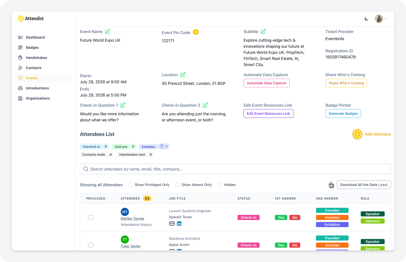 Image of Attendist Dashboard