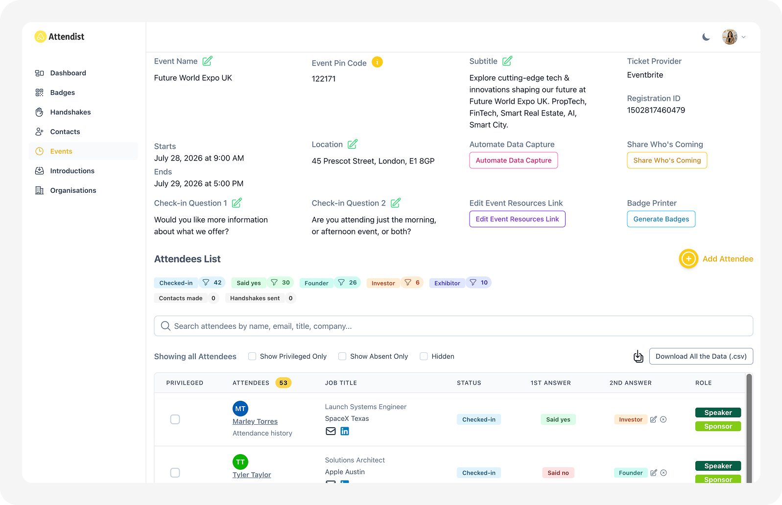 Image of Attendist Dashboard