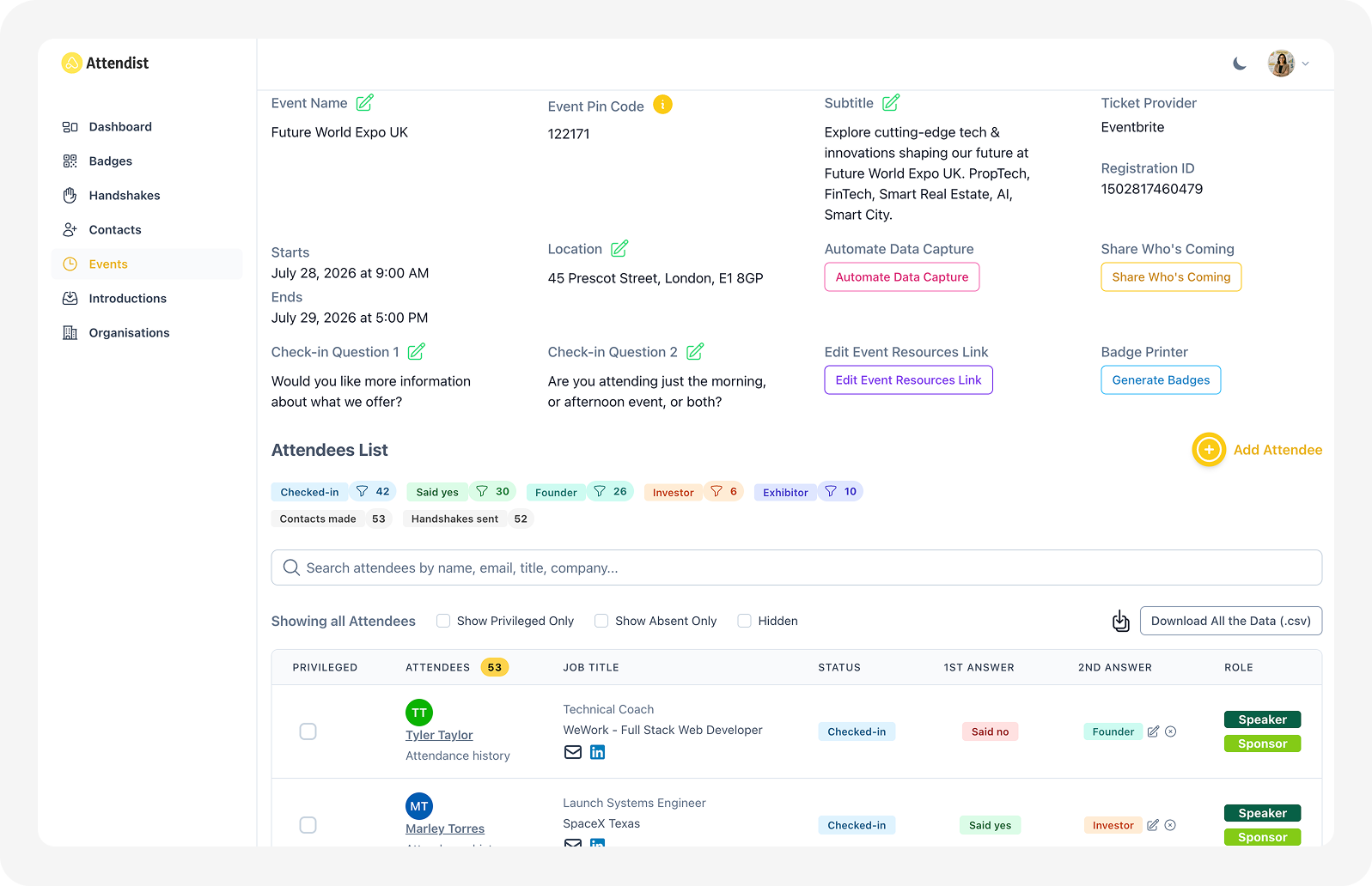 Image of Attendist Dashboard