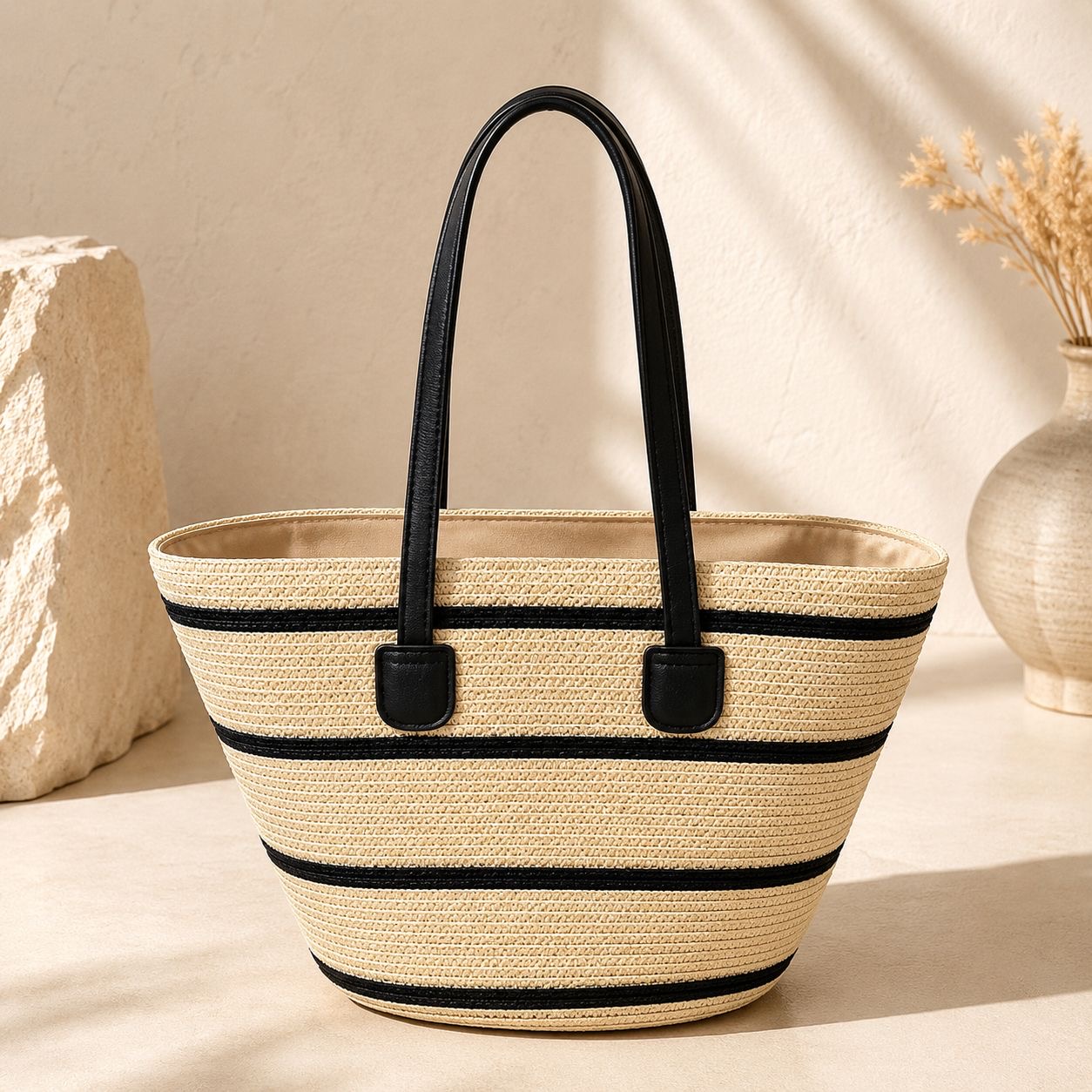 Bolsa Tote de Palha Listrada com Alças Pretas