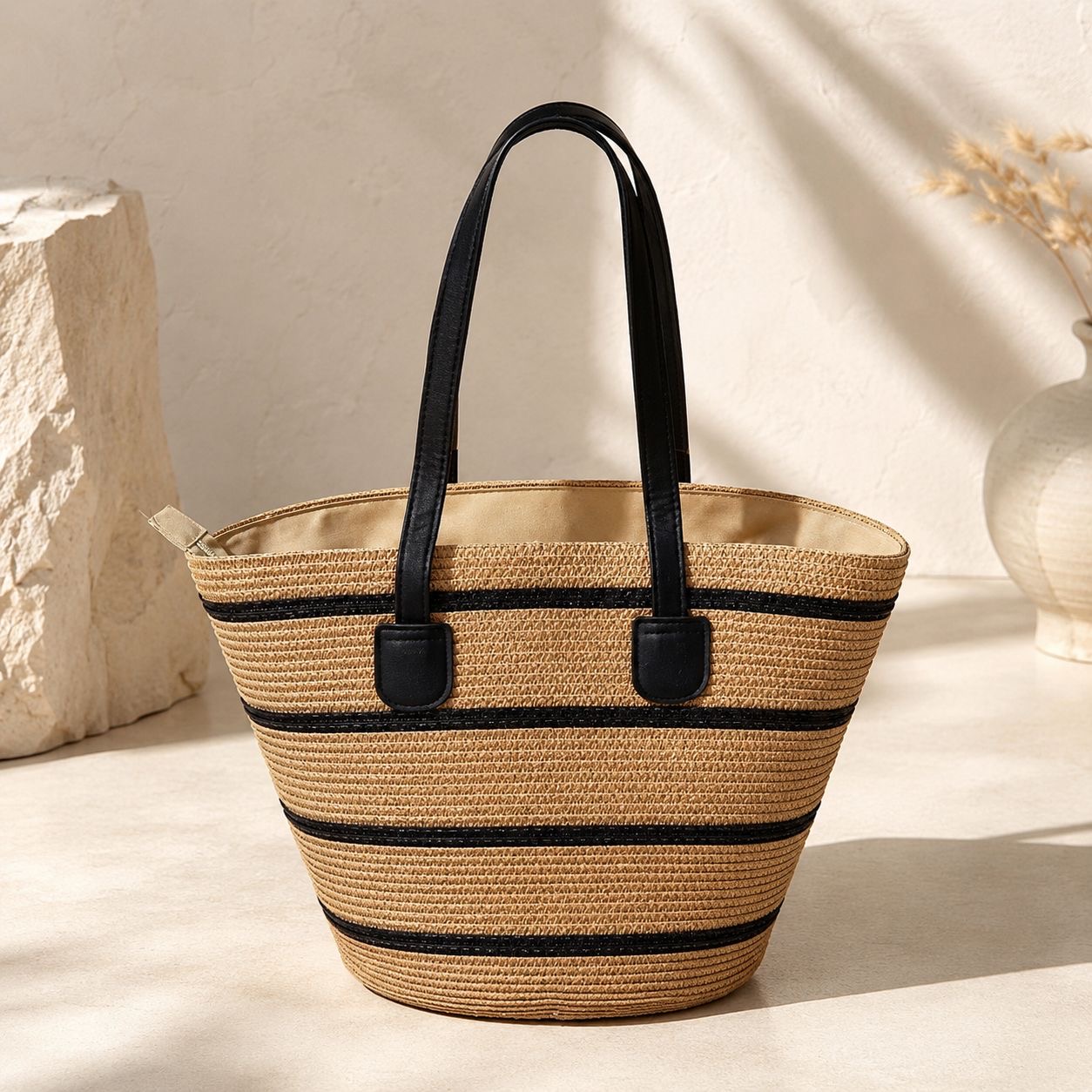 Bolsa de Palha Feminina Grande com Zíper e Alças Pretas | Bolsa Tote para Praia e Dia a Dia